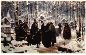 Рисунок  К. А. Савицкого. Панихида на 9-й день на кладбище. Третьяковская галерея